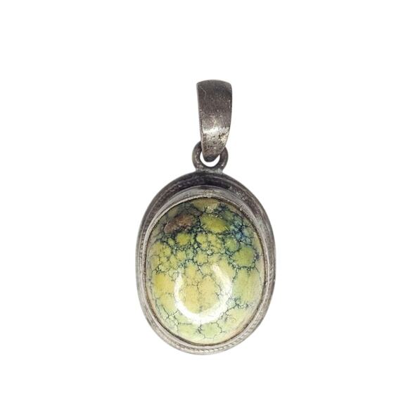 Yellow Green Spiderweb Variscite Sterling Pendant, Native American Style - Picture 3 of 4
